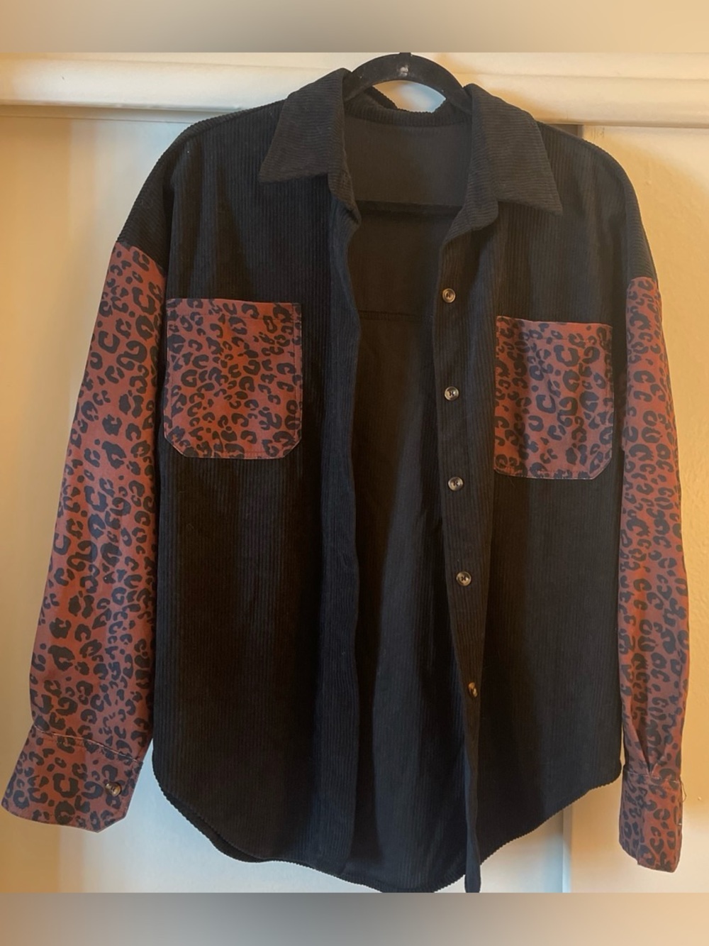 Black Corduroy Button-Up Shirt with Rust Leopard Panels
